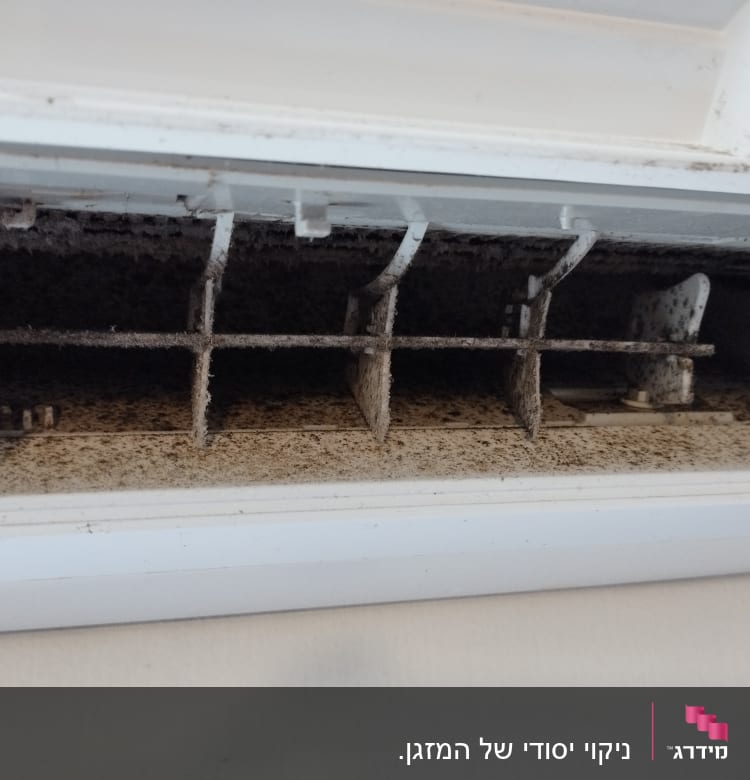 פנים מזגן מלוכלך עם אבק ולכלוך על התריסים